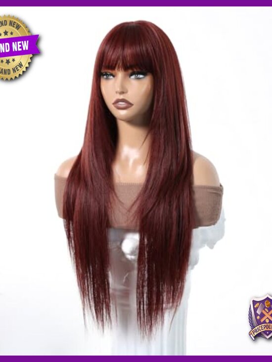 28 Inch Human Hair Wig with Bangs, Glueless Lightweight Straight Layered